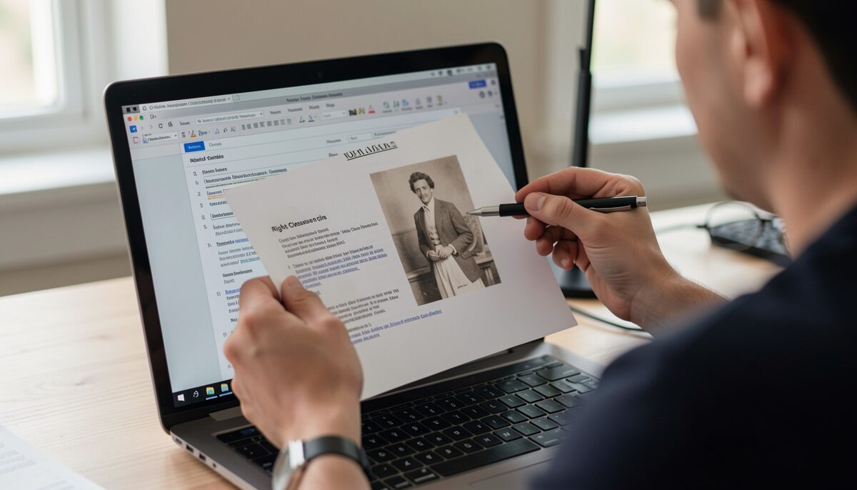 Editor checking a rights clearance file and caption sheet against a scanned archival photograph on screen. Illustrative image, generated with AI.