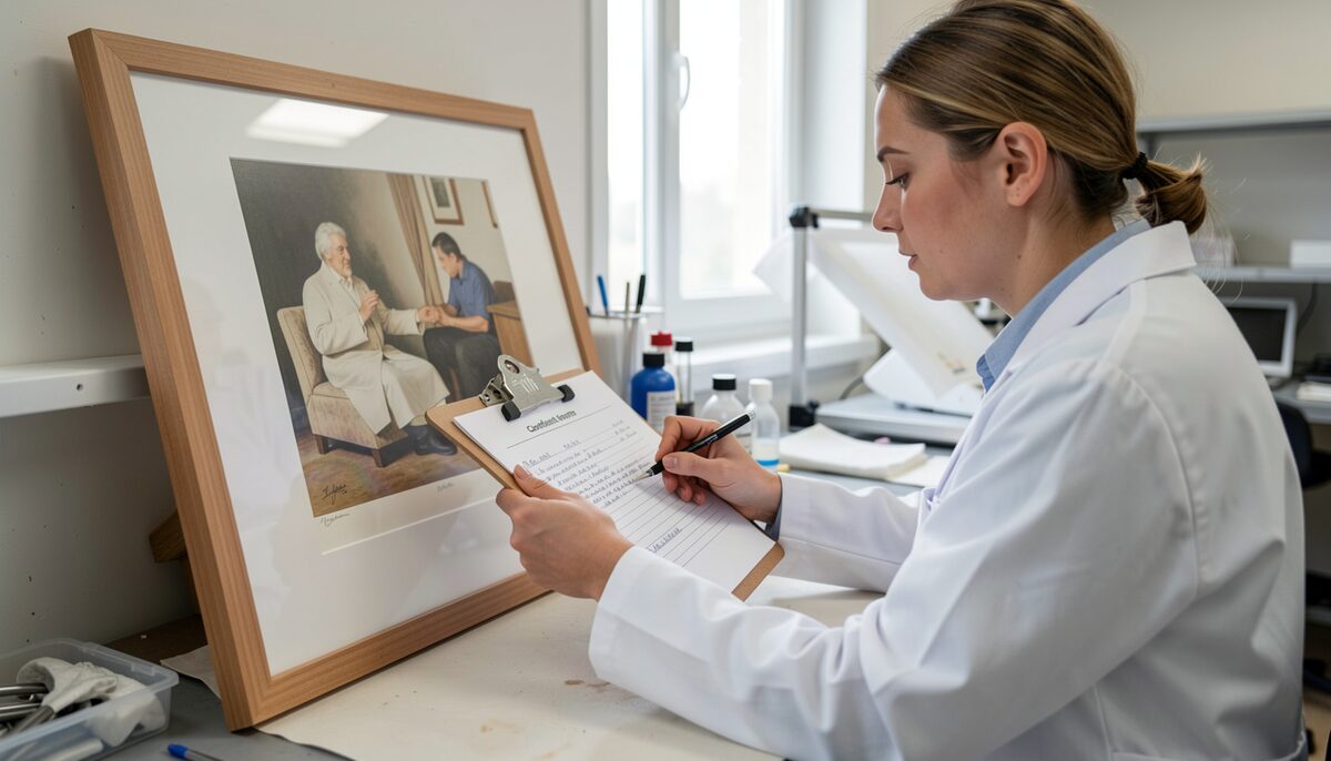 Conservator writing a condition report on a clipboard while examining a framed work under even lighting in a conservation lab. Illustrative image, generated with AI.
