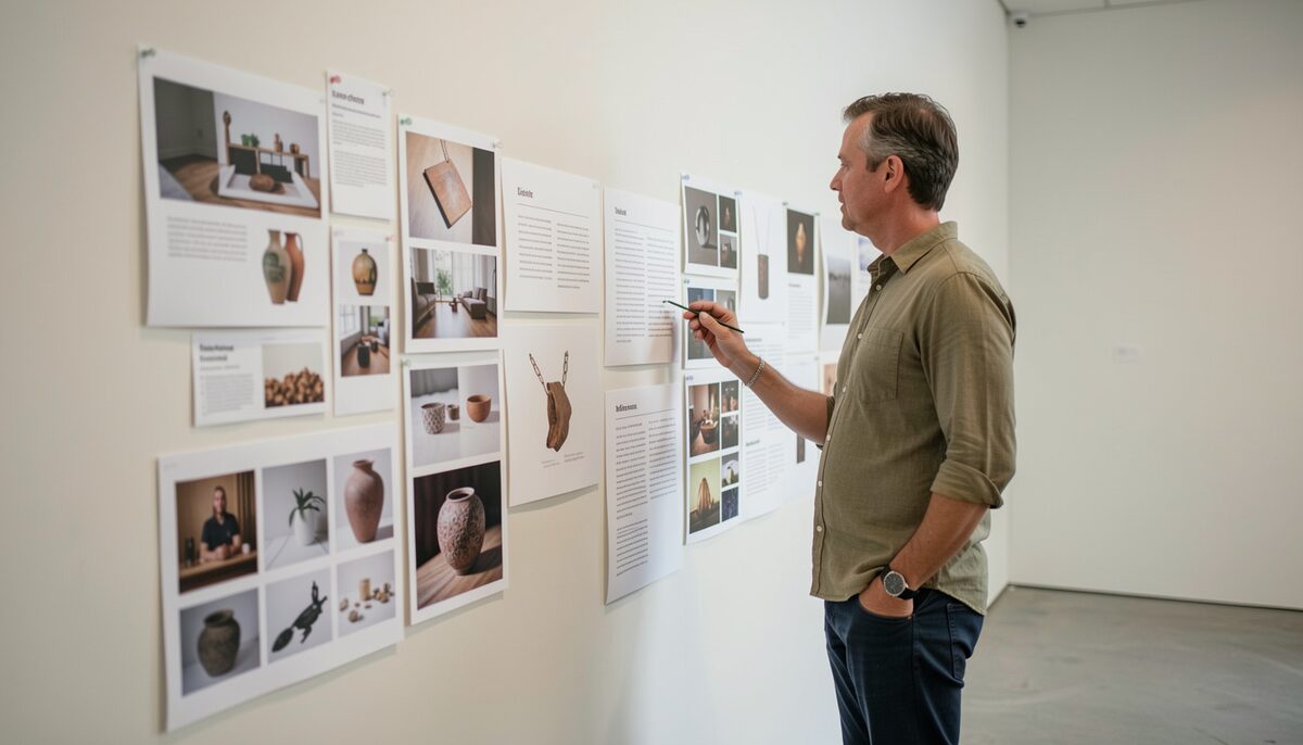 Curator and designer pinning theme notes and object images to a large planning wall in an empty gallery. Illustrative image, generated with AI.
