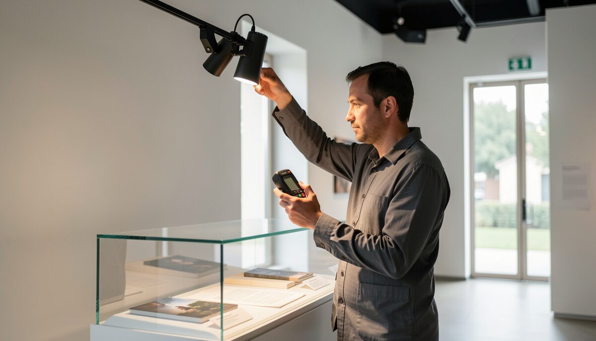 Technician adjusting a track light above a display case while holding a light meter. Illustrative image, generated with AI.