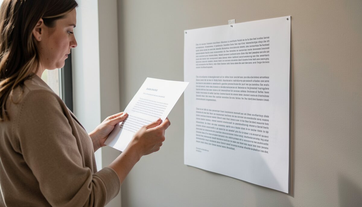 Editor reading printed label drafts beside a gallery text panel mock-up, illustrative image generated with AI.