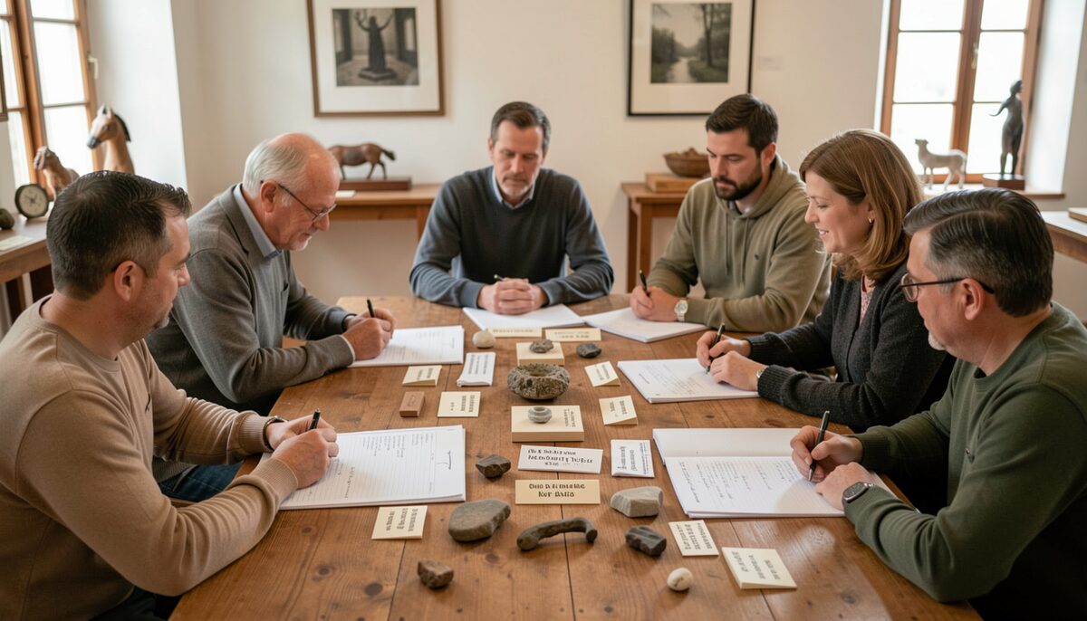 Small museum team seated around a table with field-list worksheets and object labels spread between them. Illustrative image, generated with AI.