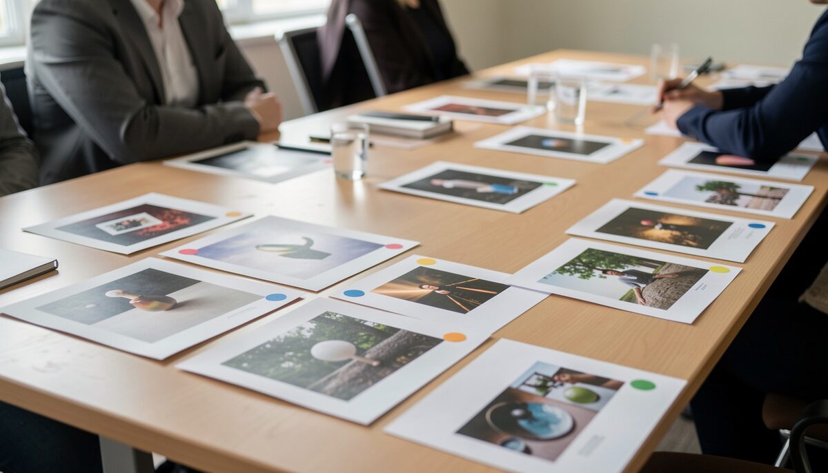 Selection meeting with object photographs laid out on a table and coloured dots marking shortlisted works. Illustrative image, generated with AI.