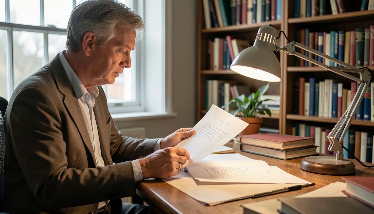 Curator comparing a handwritten letter with a typed transcript under a desk lamp in a study room. Illustrative image, generated with AI.