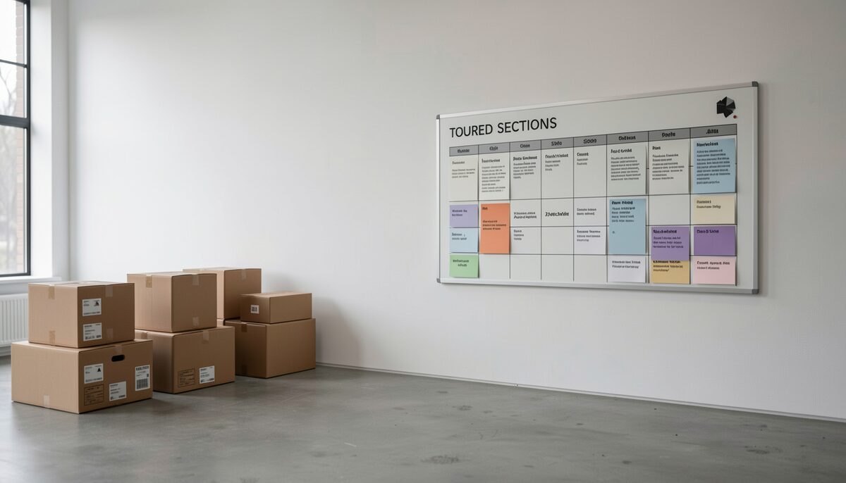 Empty gallery with packing crates and a wall-mounted installation schedule board showing toured sections. Illustrative image, generated with AI.